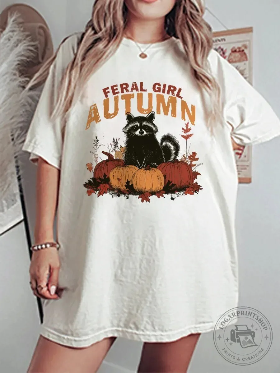 Feral Girl Autumn Raccoon and Pumpkins Graphic Oversized T-Shirt