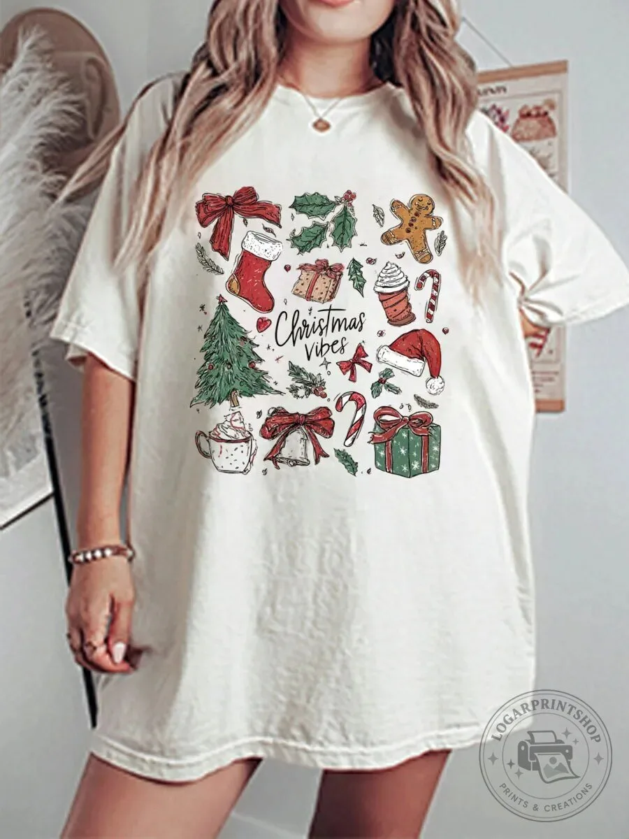 Vintage Christmas Vibes Holiday Gingerbread Man Tree Graphic T-Shirt
