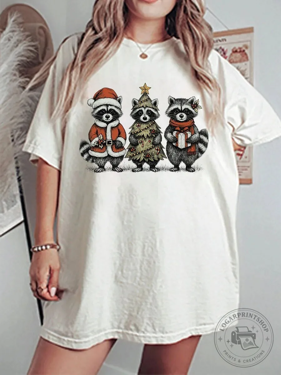 Vintage Christmas Raccoons Oversized Graphic T-Shirt